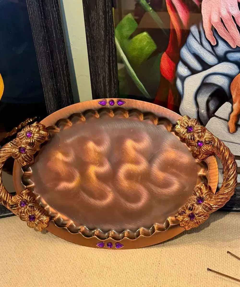 Vintage Oval Decorative Copper Serving Tray with Purple Gem Accents